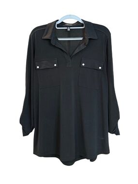 Jones New York Collared Pullover Split Neck Blouse Tunic Top Black Large